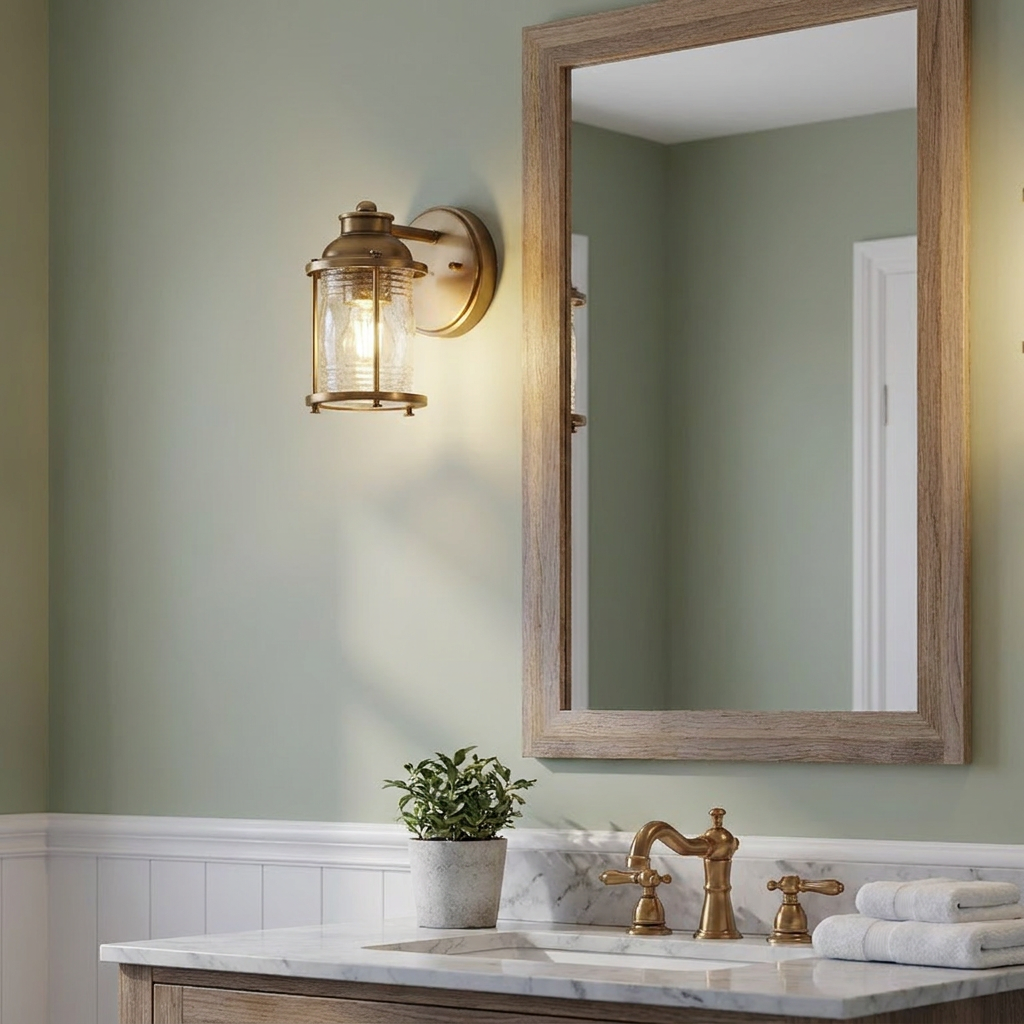 Ashland Bay brass wall light with seeded glass shade mounted next to a mirror in a sage green bathroom.