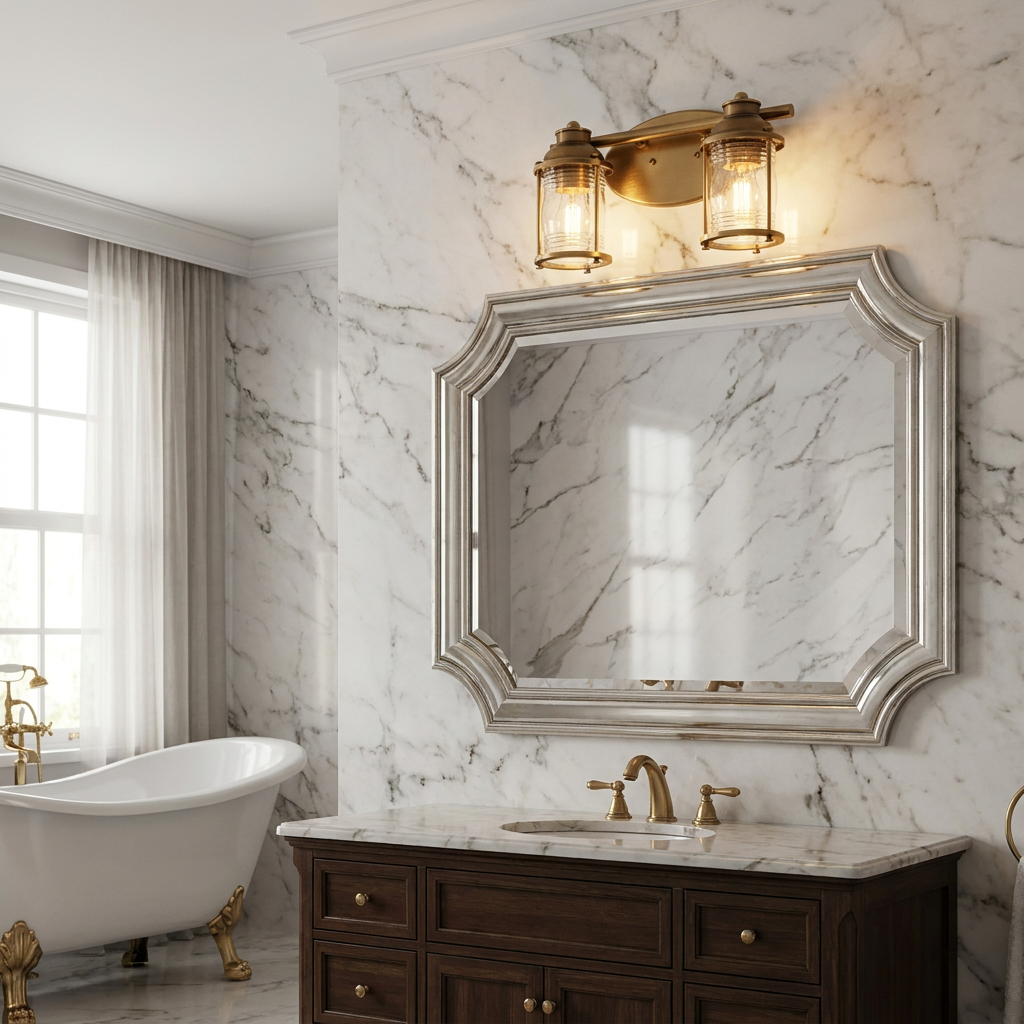 Ashland Bay double brass wall light illuminates a marble bathroom vanity with a silver mirror and clawfoot tub.