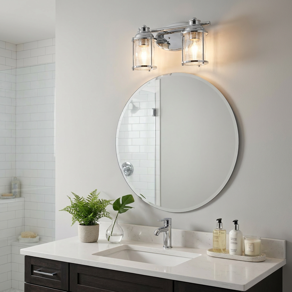 Ashland Bay double polished chrome bathroom wall light with seeded glass shades above a round mirror.