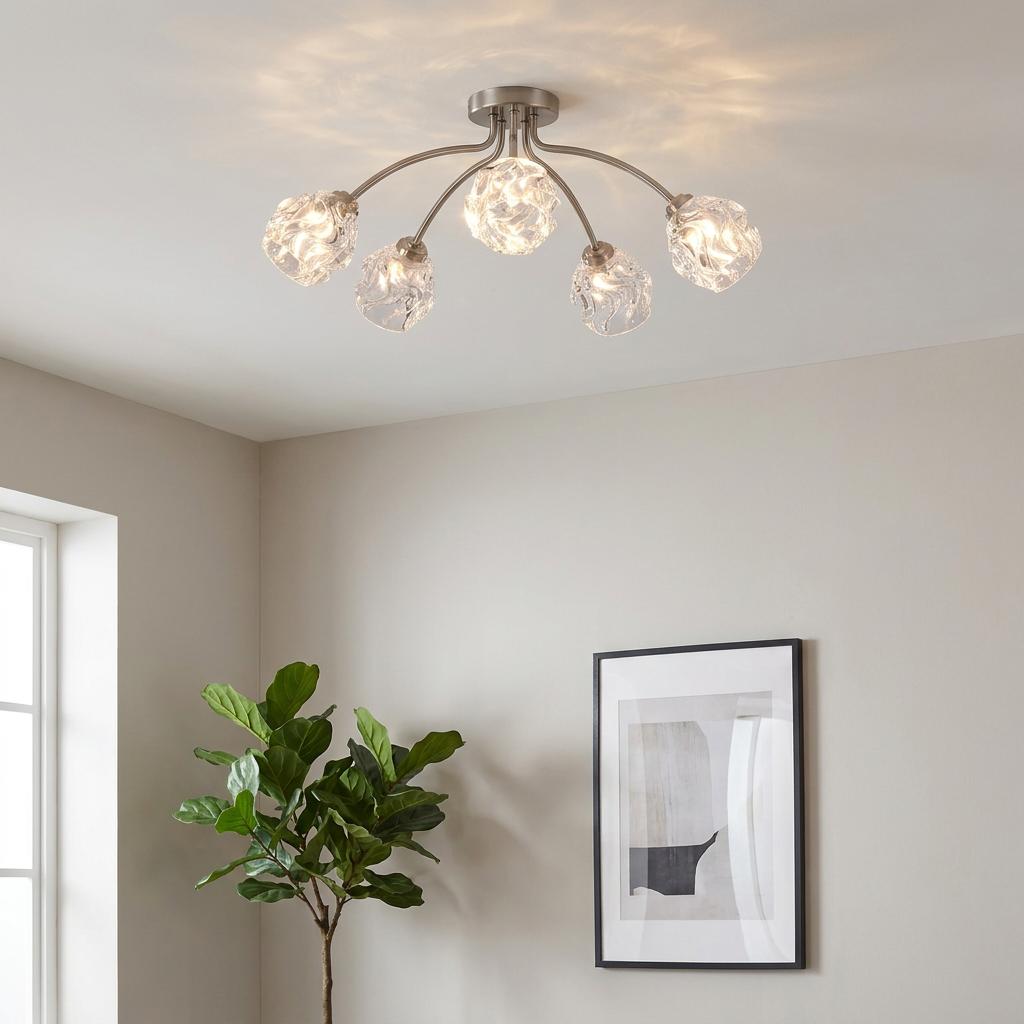Astral satin nickel flush ceiling light with five textured glass shades illuminated in a modern neutral living room.