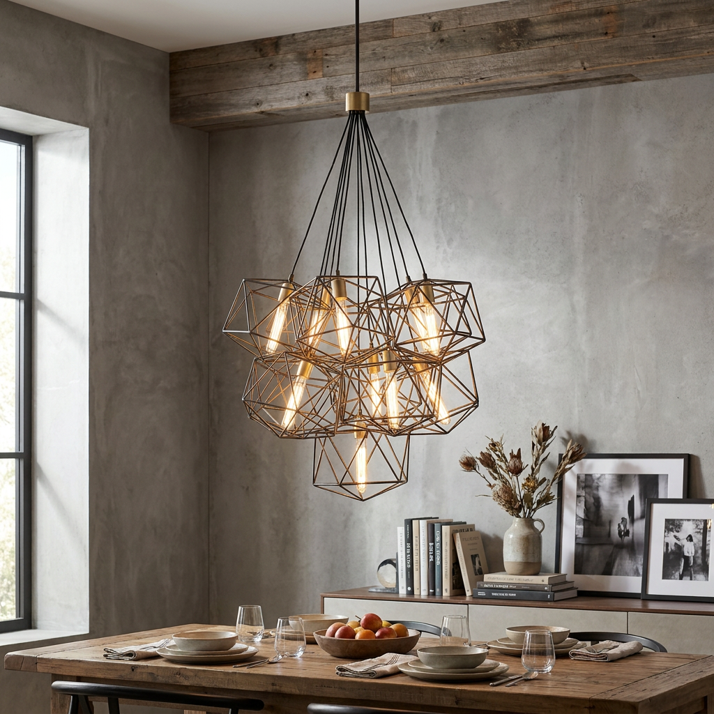 11-light black geometric pendant chandelier hanging over a wooden dining table in a rustic modern room.