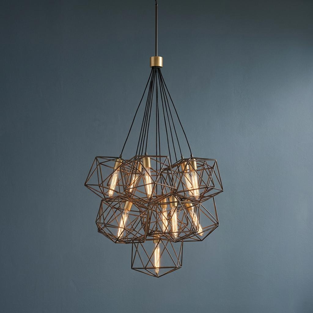 Astrid 11 light black pendant cluster with geometric wire cages and brass accents against a dark blue wall.