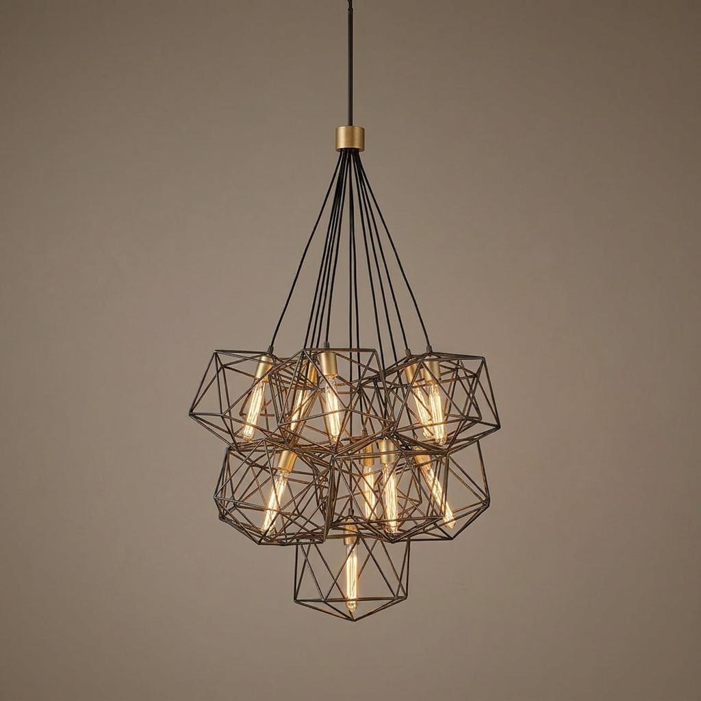 Astrid 11 light black pendant cluster with geometric wire cages and industrial-style bulbs against a neutral backdrop.