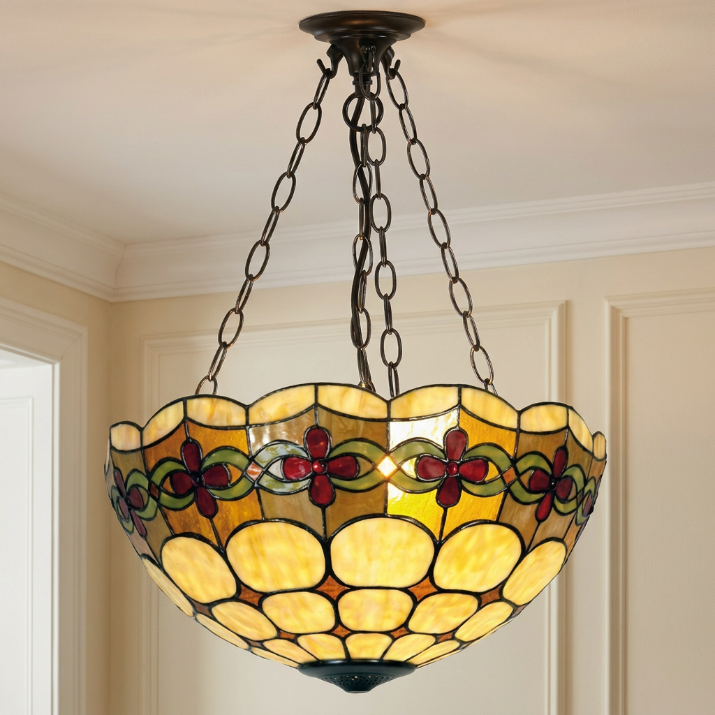 Inverted Tiffany ceiling light with floral stained glass bowl suspended by dark chains in a neutral interior.