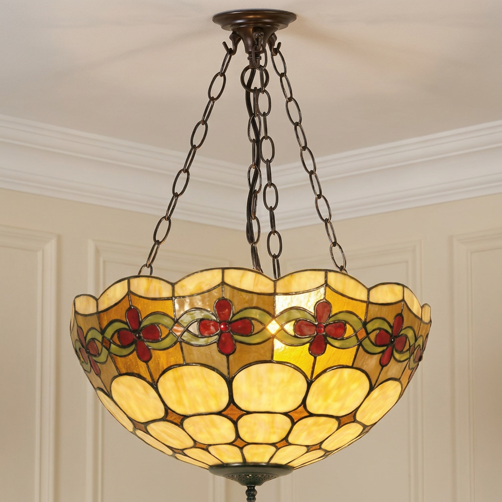 Illuminated inverted Tiffany ceiling light with amber scalloped glass and red floral patterns on a dark chain.