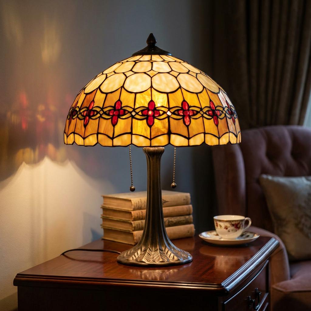 Illuminated Tiffany table lamp with an amber and red stained glass shade on a wooden side table with books.