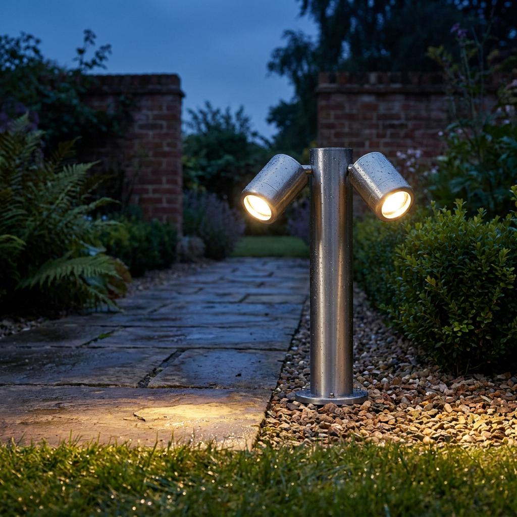 A stainless steel dual spotlight bollard illuminating a stone garden path at dusk.
