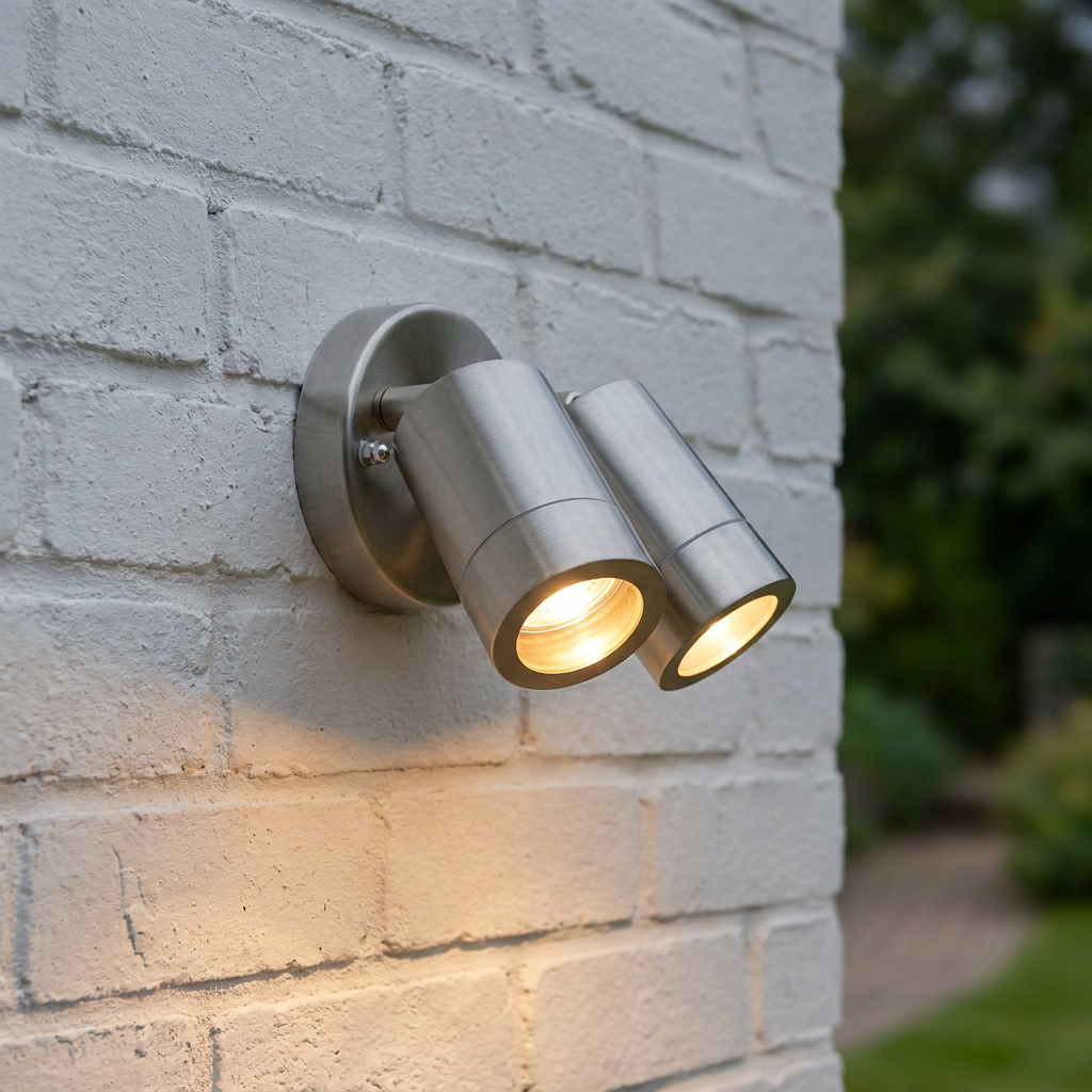 Silver twin-head outdoor spotlight mounted on a white brick wall, illuminated with warm light.