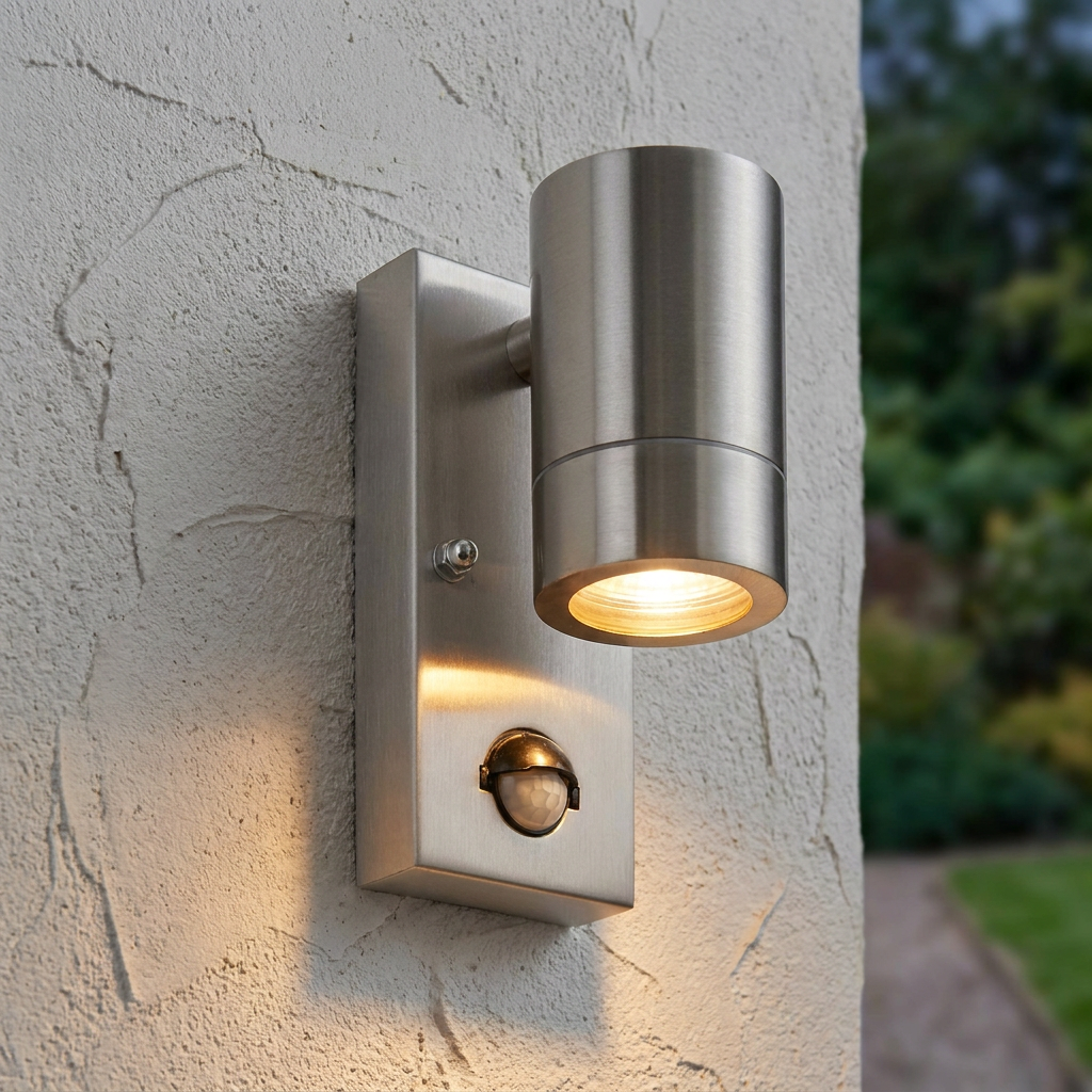 Brushed stainless steel cylindrical outdoor wall light with a PIR sensor mounted on a textured white wall.