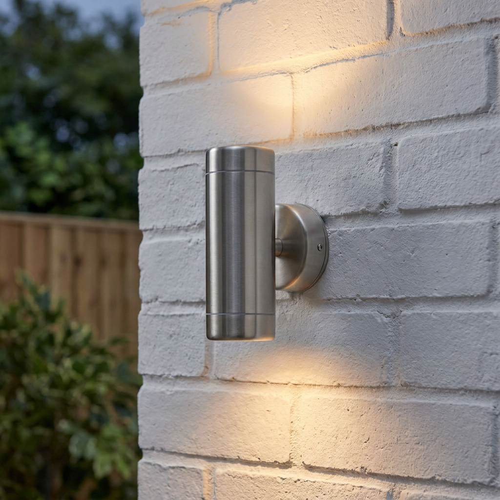 Brushed silver cylindrical up and down outdoor light mounted on a white brick wall, casting warm light.