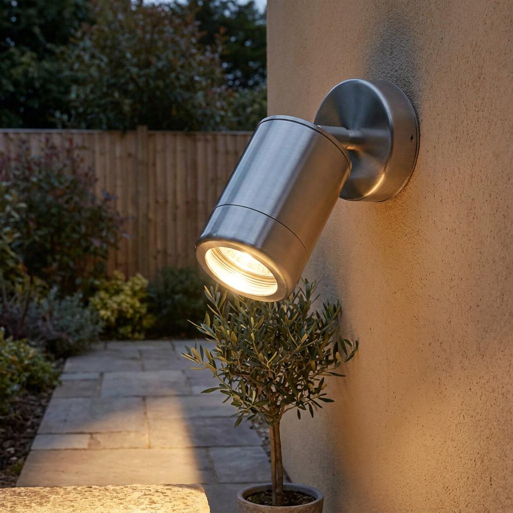 Stainless steel outdoor wall spotlight illuminating a small potted plant in a garden setting.