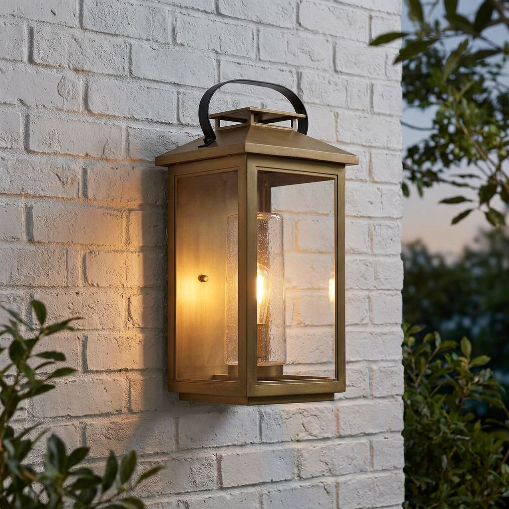 Atwater brass outdoor wall lantern with a warm glow, mounted on a white brick wall.