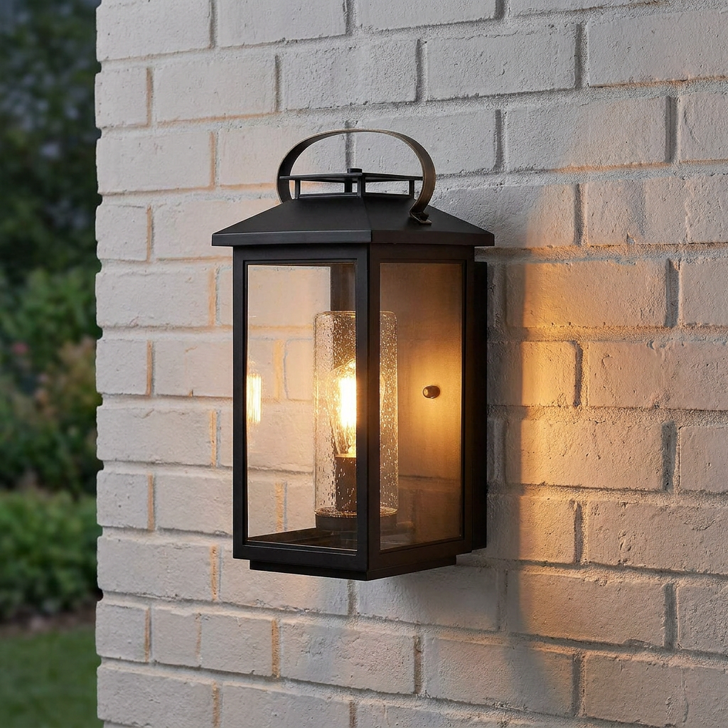 Black outdoor lantern with seeded glass and a warm glowing bulb, mounted on a white brick wall.