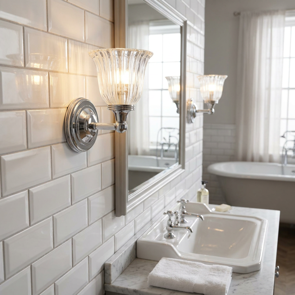 Lit polished chrome wall light with a fluted glass cloche shade on a white subway tile bathroom wall.