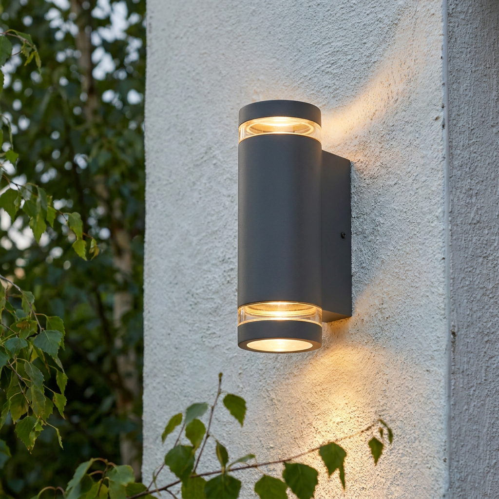 Light grey cylindrical outdoor wall light on a textured white wall, emitting a warm glow upwards and downwards.
