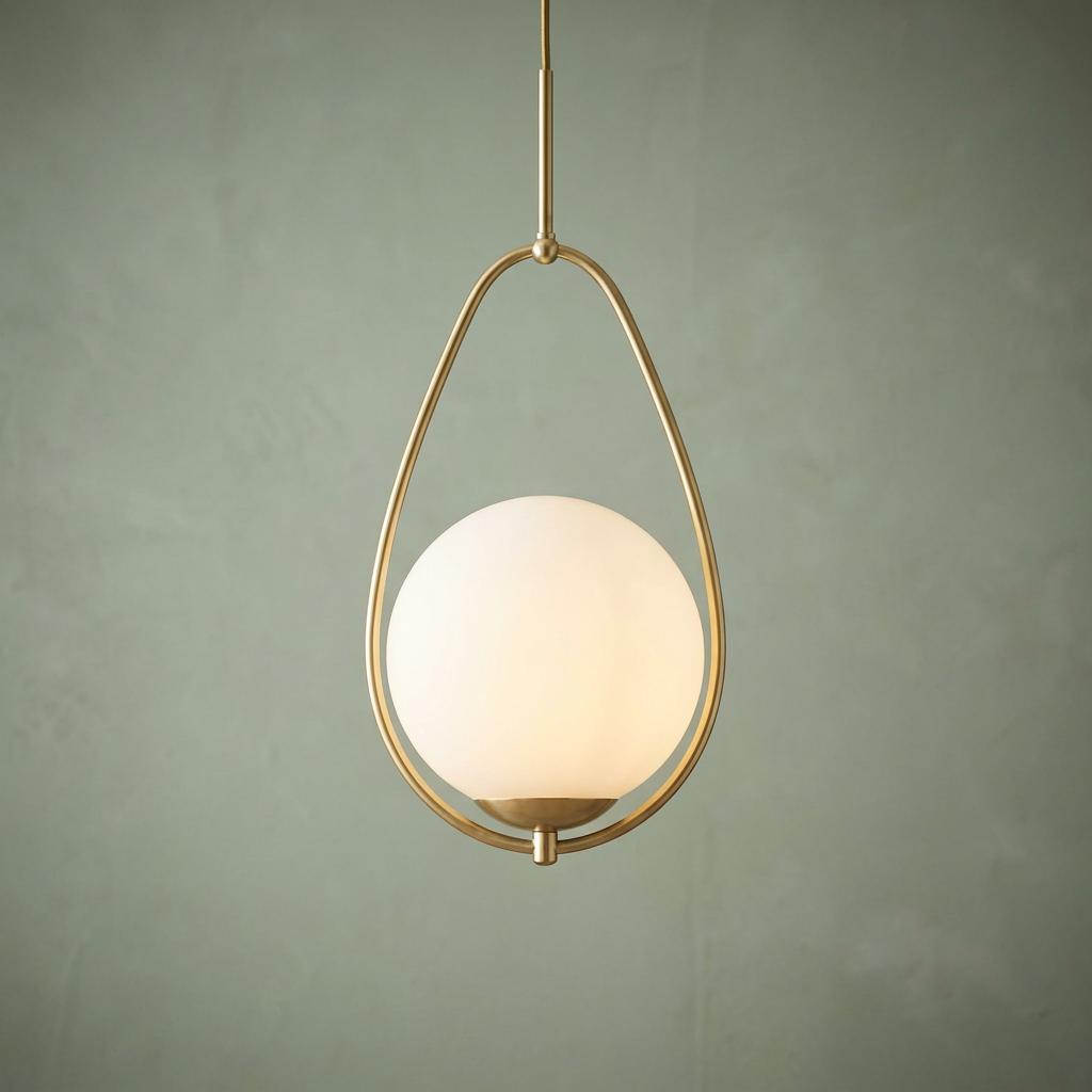 Avalon pendant light with an opal glass globe inside a gold teardrop frame, against a sage green wall.