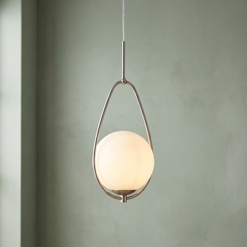 Satin silver pendant light with an opal glass globe hanging within a teardrop-shaped frame against a pale green wall.