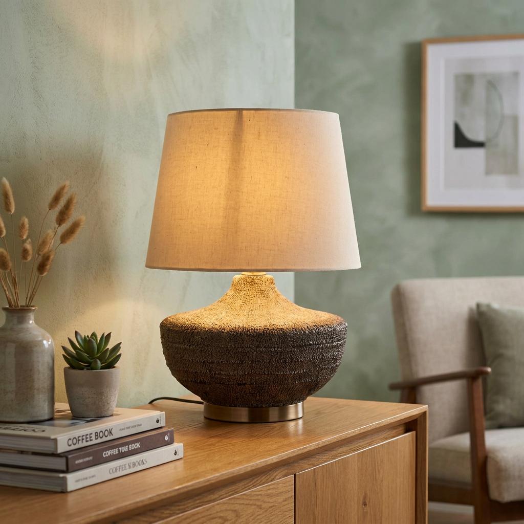 Textured ceramic table lamp with a beige linen shade glows on a wooden sideboard in a green-walled living room.