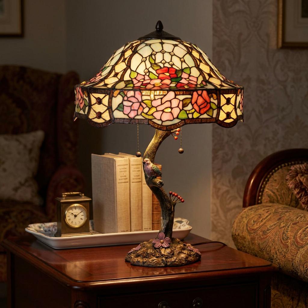 Illuminated Aviary Tiffany table lamp with floral shade and bird motif base on a dark wood table.