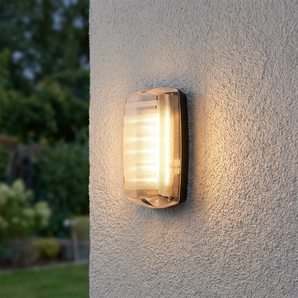 Illuminated Avit 10W outdoor wall light with a ribbed cover mounted on a textured white exterior wall.