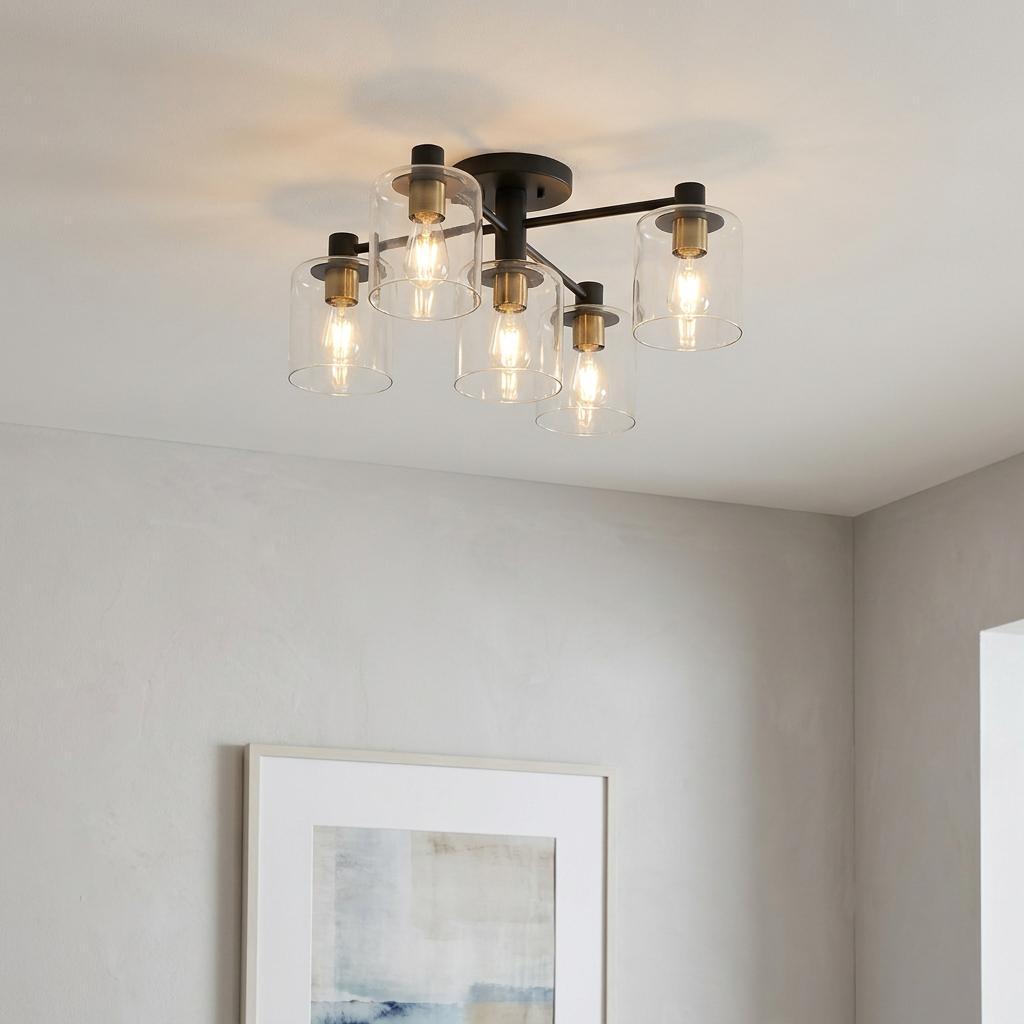 Axel 5-light black semi-flush ceiling light with clear glass cylinder shades on a neutral white ceiling.
