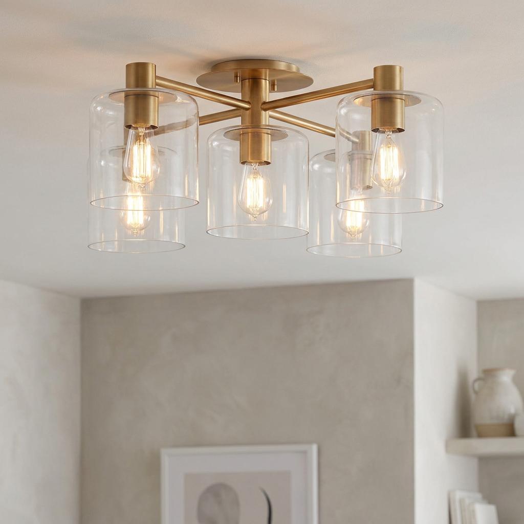 Modern five-light brass semi-flush ceiling fixture with clear cylindrical glass shades and warm glowing bulbs.