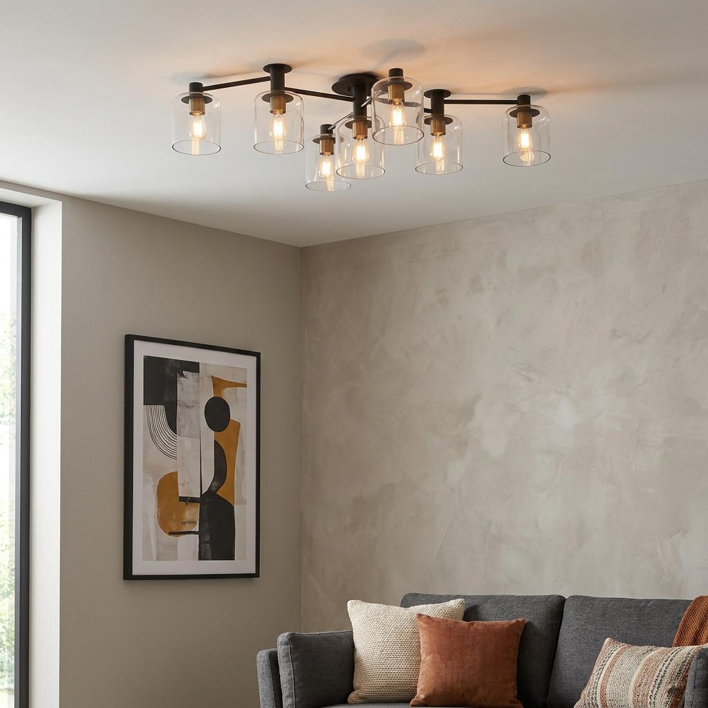 Axel 7 Light black semi-flush ceiling light with clear glass shades in a modern living room with a sofa and art.