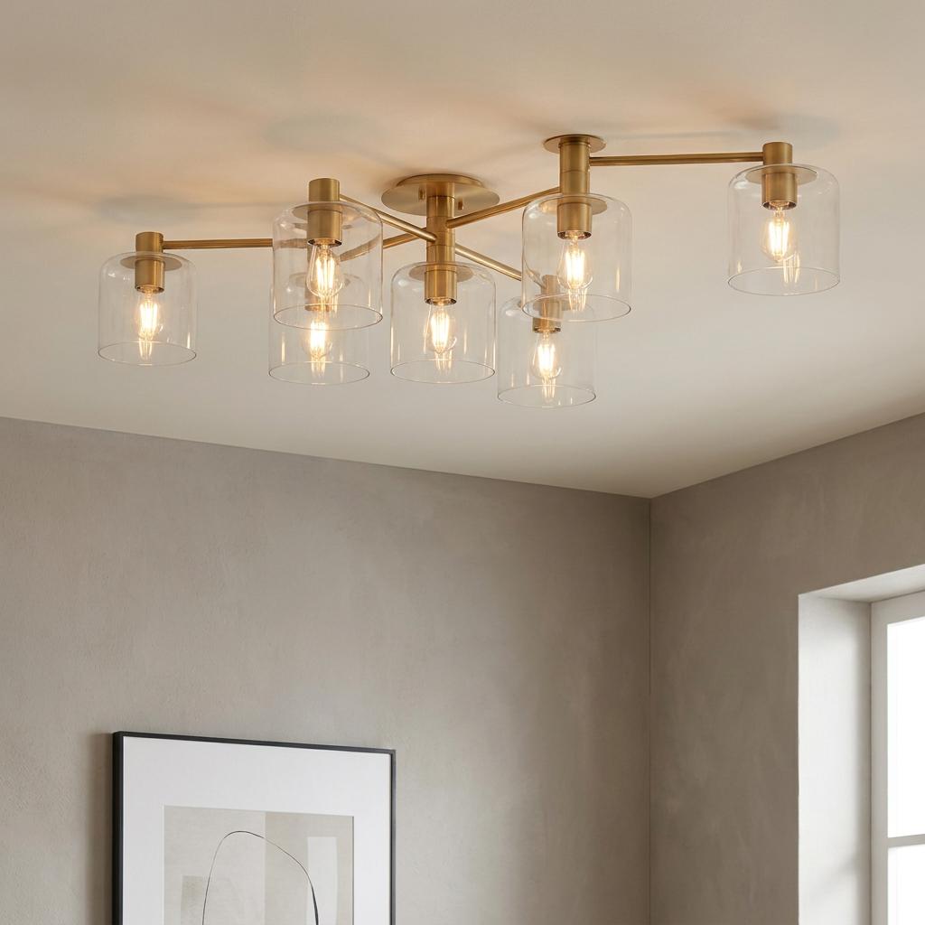 Axel 7-light brass semi-flush ceiling light with cylindrical clear glass shades in a modern living room setting.