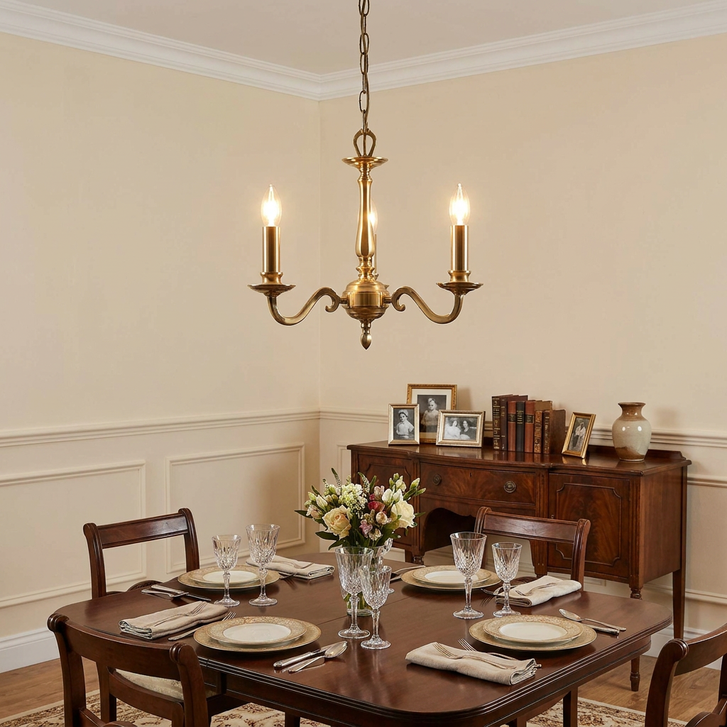 Traditional Aylesbury gold 3-light chandelier with candle bulbs hanging over an elegantly set dining table.
