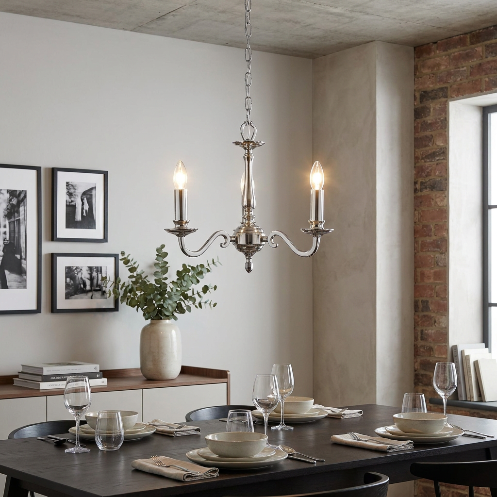 Polished nickel 3-light candle chandelier hanging above a contemporary dining table set for a meal.