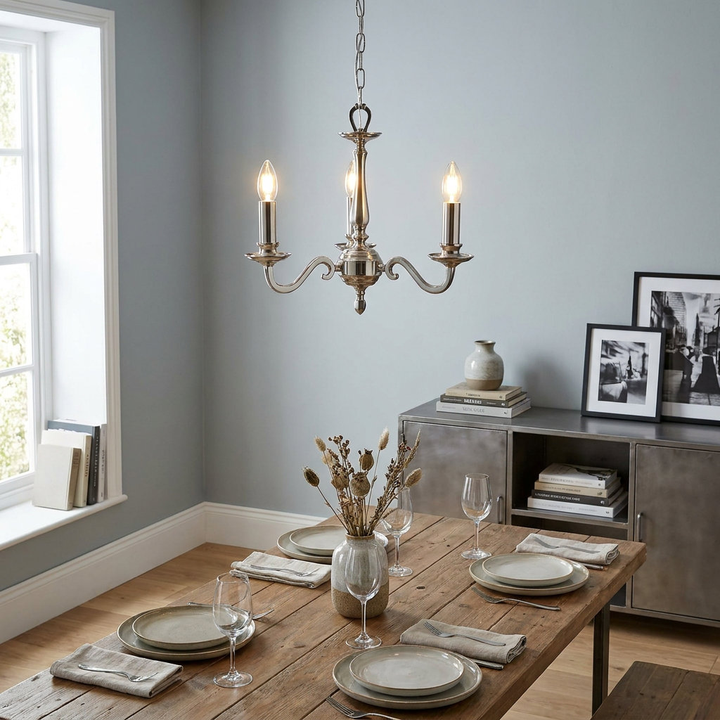 Polished nickel 3-light candle chandelier hanging over a rustic wooden dining table in a contemporary blue room.