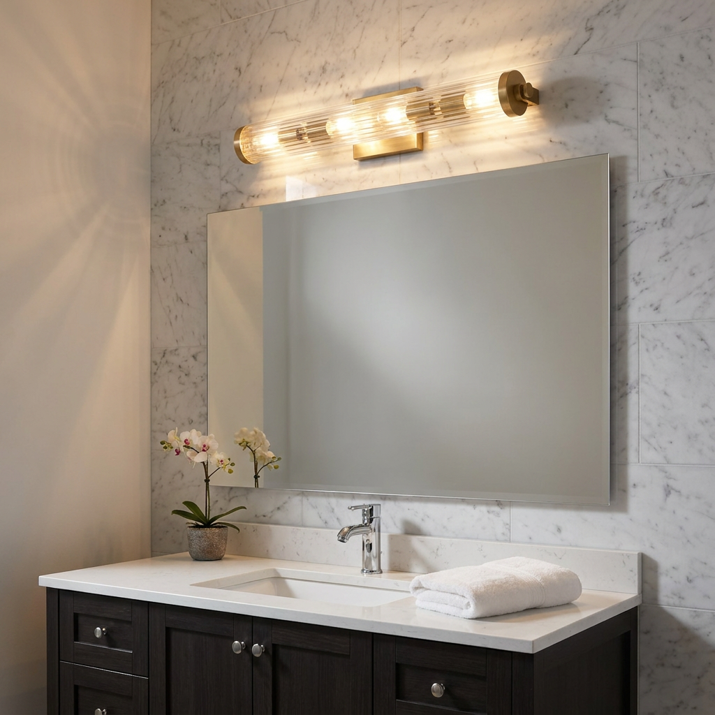 Azores 4-light brass and ribbed glass bathroom wall light above a vanity mirror on a marble wall.