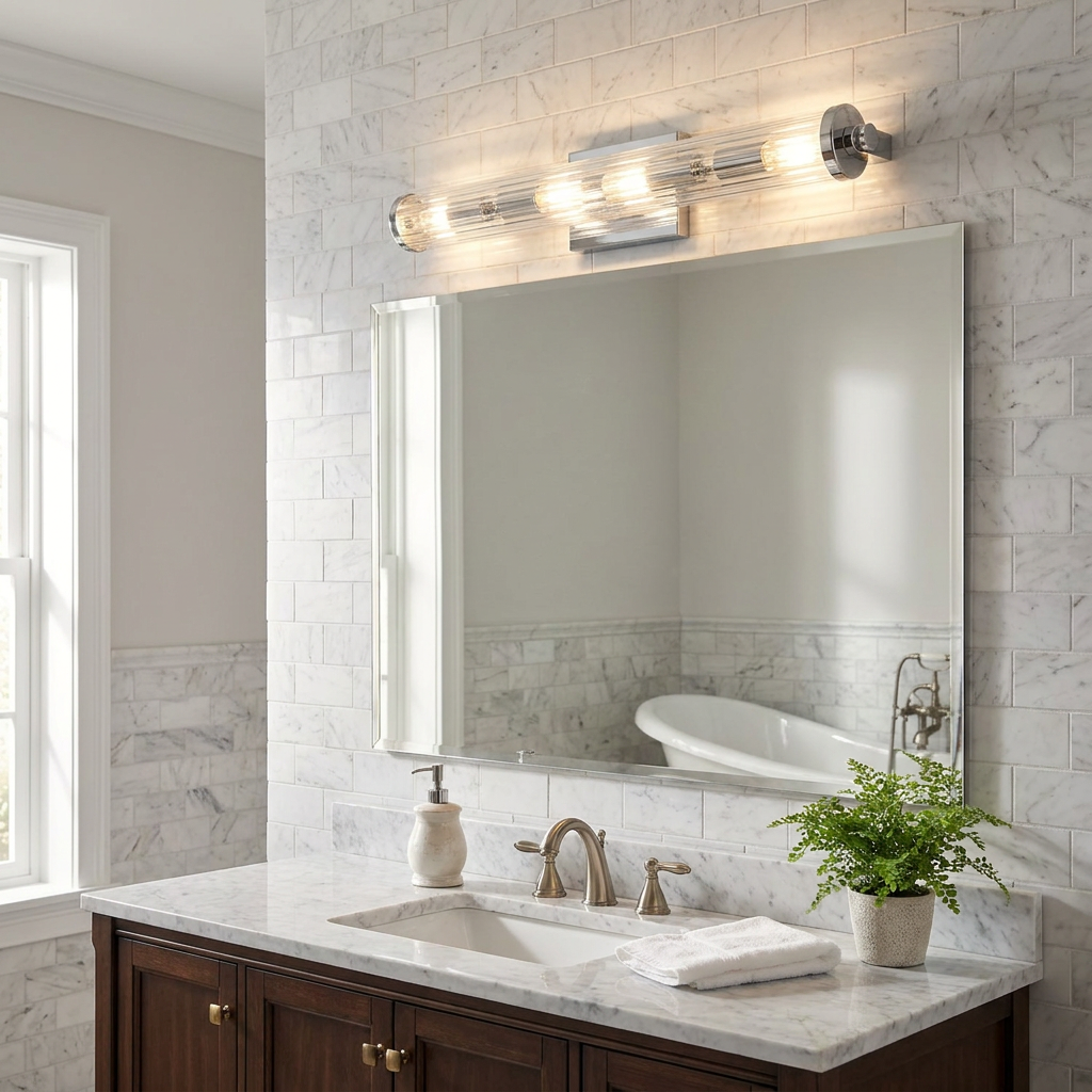 Azores 4-light polished chrome wall light with a fluted glass shade mounted above a mirror in a tiled bathroom.
