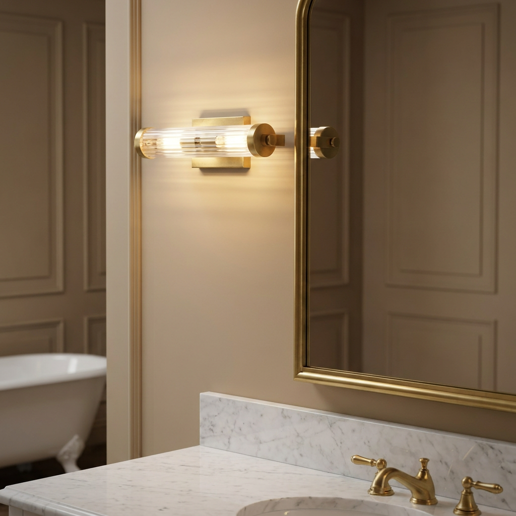 A brass wall light with a ribbed glass shade mounted next to a mirror in a luxurious marble bathroom.