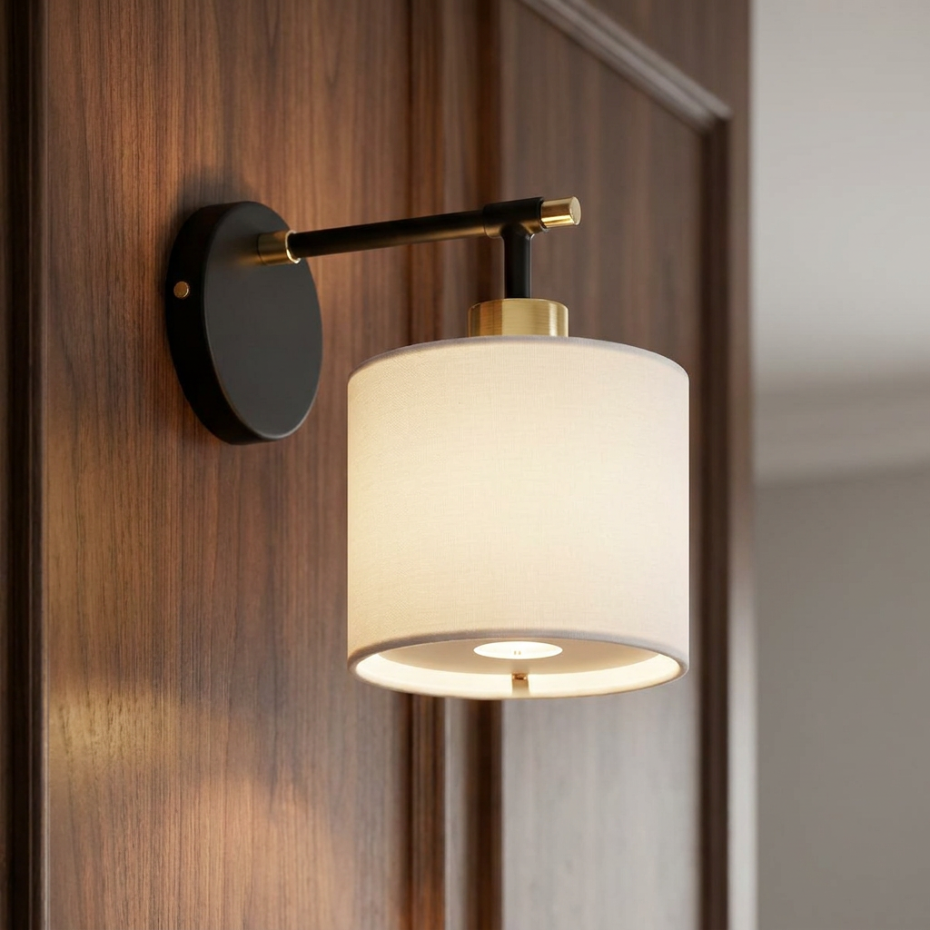 A modern black and gold wall light with a white fabric drum shade mounted on a wood panel.