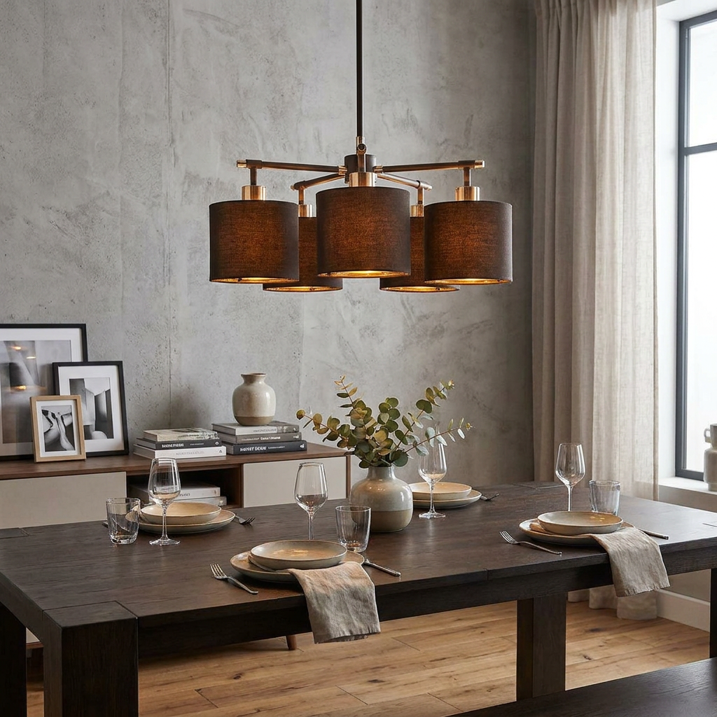 Brown and polished brass five-light chandelier with cylindrical fabric shades hanging over a modern dining table.