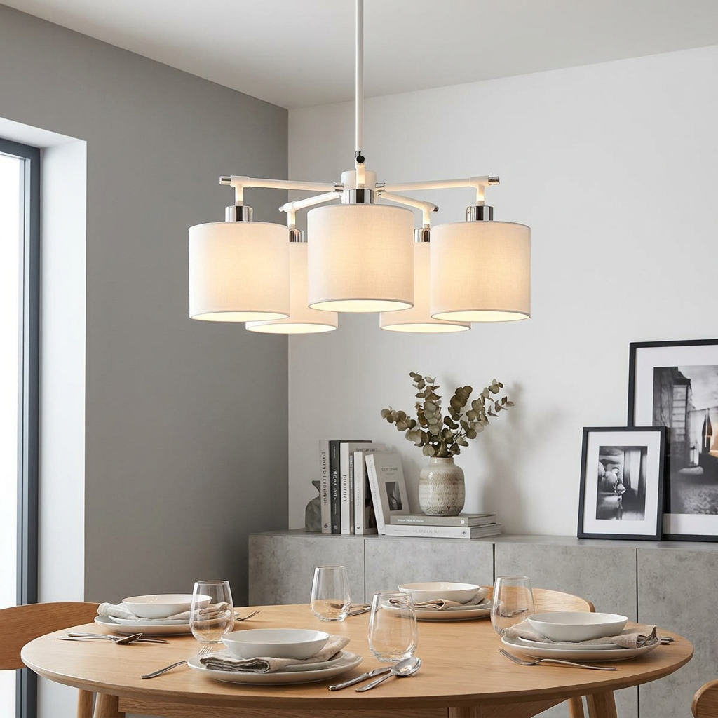 A white and nickel 5-light chandelier with drum shades illuminates a modern dining table setting.