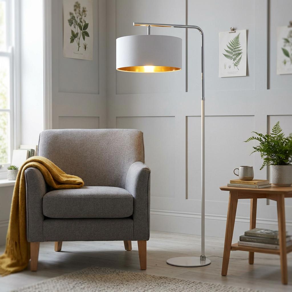 Balance white and nickel modern floor lamp with a gold-lined drum shade next to a grey armchair in a living room.