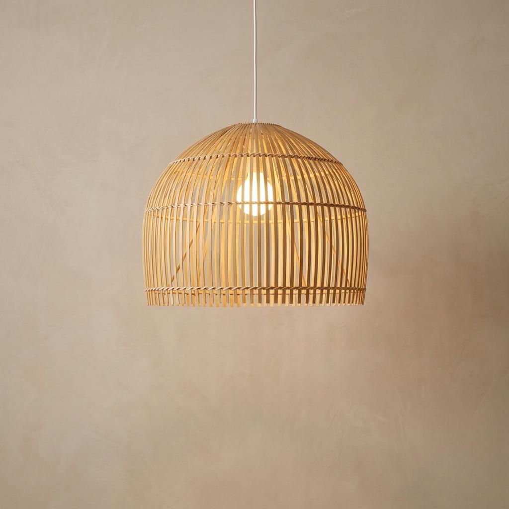 Dome-shaped bamboo pendant light with thin vertical slats and a warm glowing bulb against a neutral textured wall.