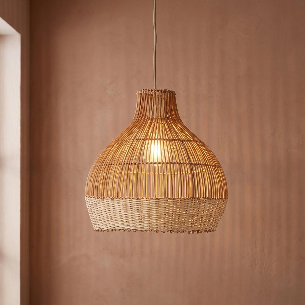 Woven bamboo ceiling pendant with a cream-colored base, illuminated against a textured terracotta wall.