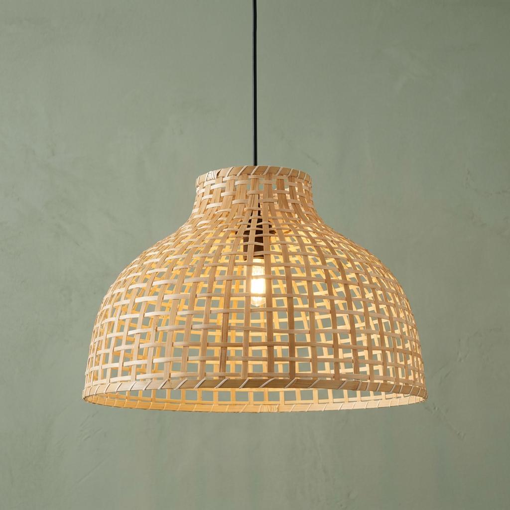 Bell-shaped Bali woven bamboo pendant light glowing against a textured green background.