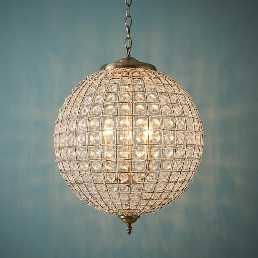 Illuminated spherical antique brass and crystal globe pendant light hanging against a blue textured wall.