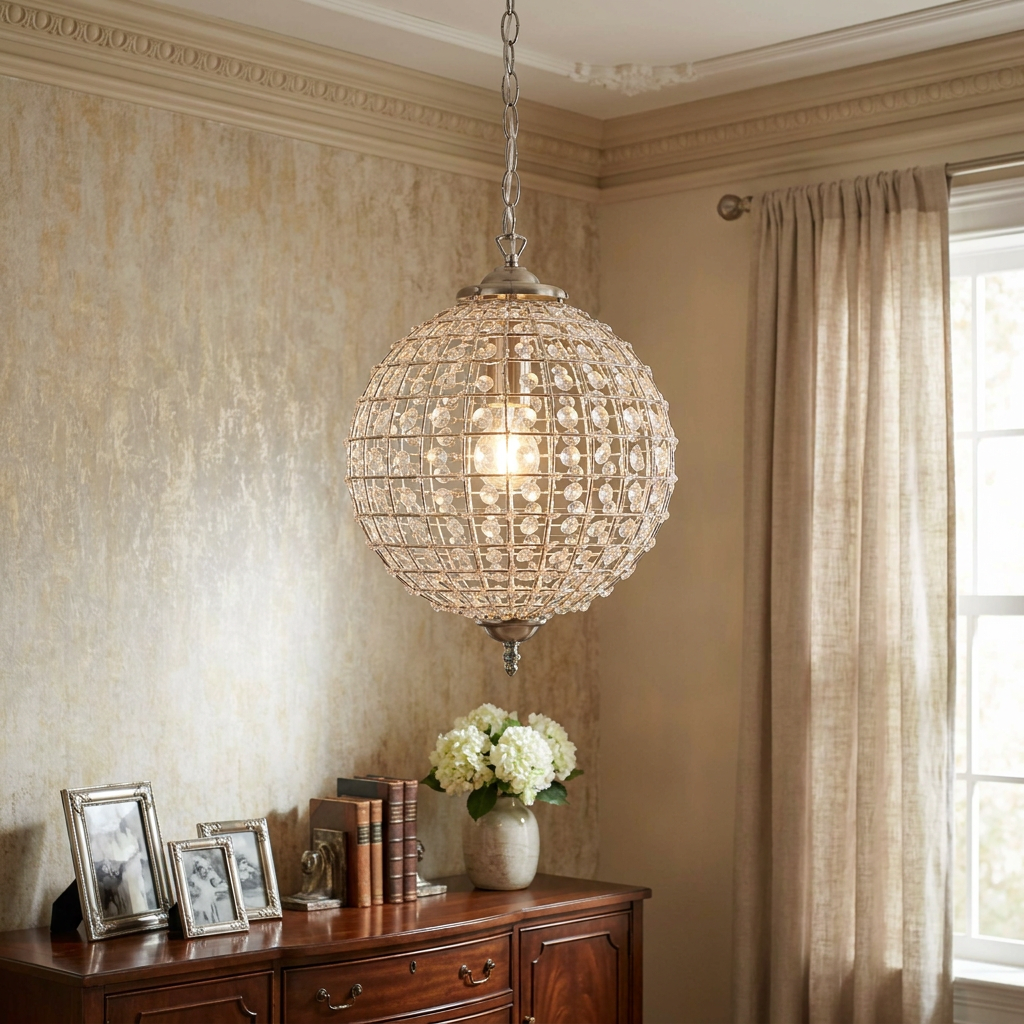 Antique chrome and beaded acrylic sphere pendant hanging in an elegant room above a wooden sideboard.