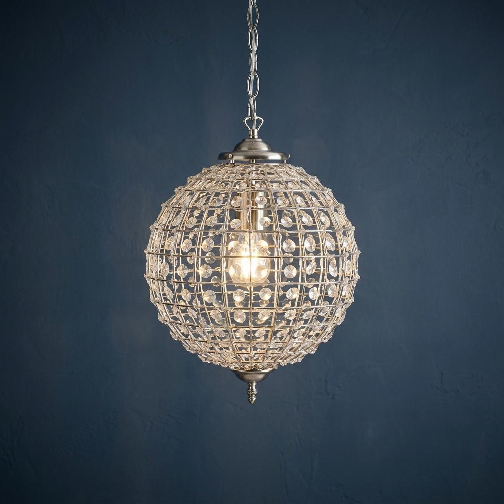 Antique chrome and acrylic beaded globe pendant light illuminated against a dark blue textured wall.
