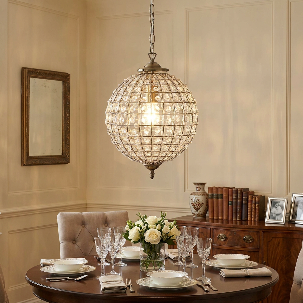 Antique chrome and beaded globe pendant light illuminates a formal dining room with an elegant table setting.