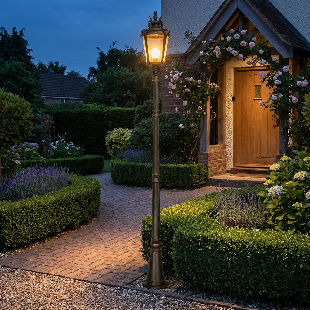 A weathered bronze outdoor lamp post lantern illuminates a brick path and manicured garden at night.