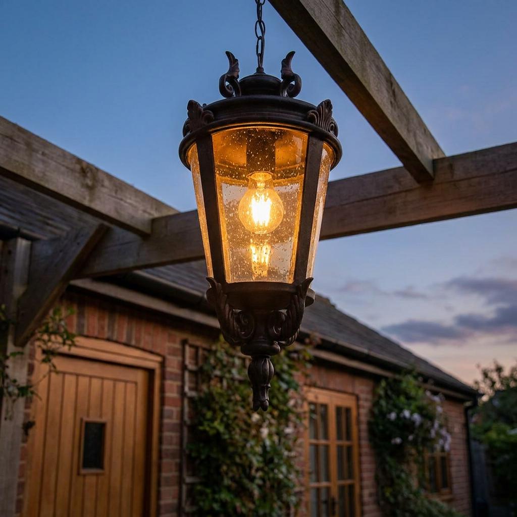 A weathered bronze outdoor lantern with seeded glass hangs lit from a wooden pergola at dusk.
