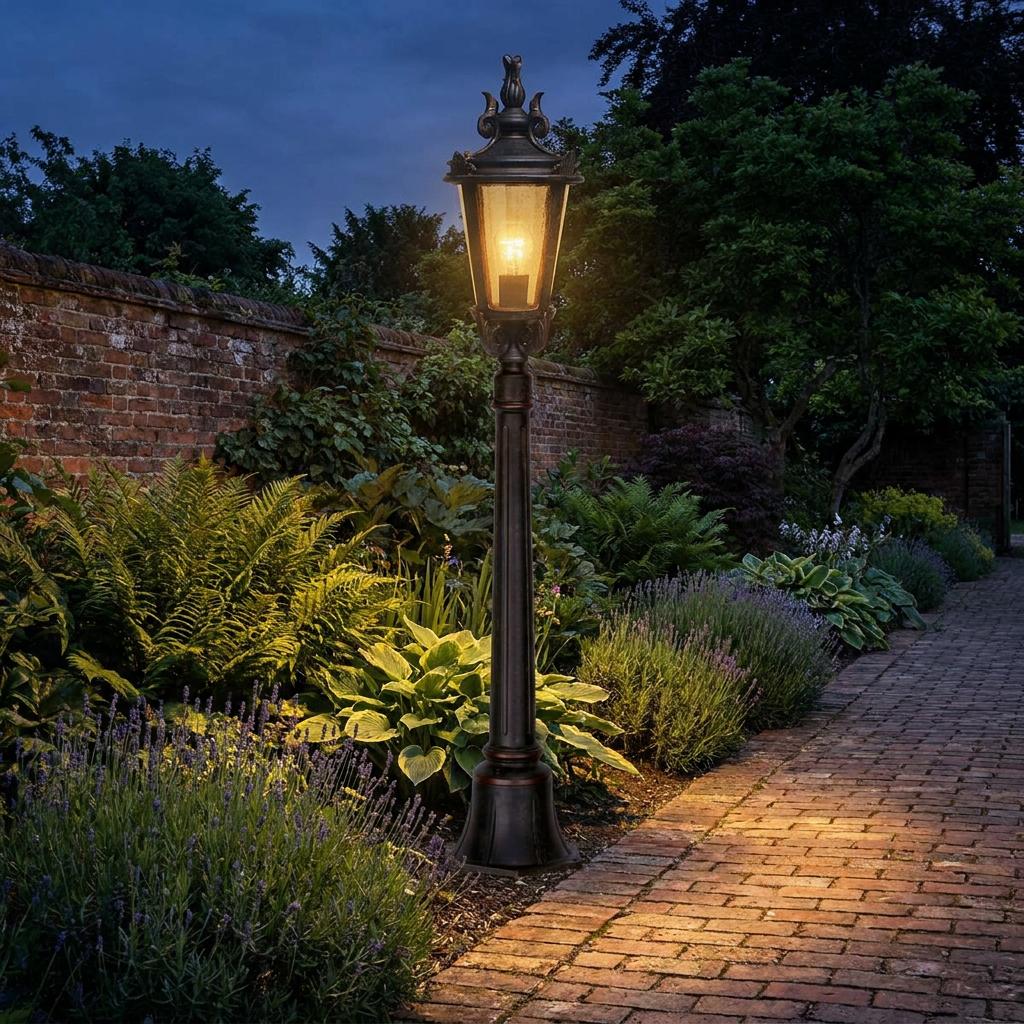 An ornate weathered bronze lamp post illuminates a garden path and lush foliage at dusk.