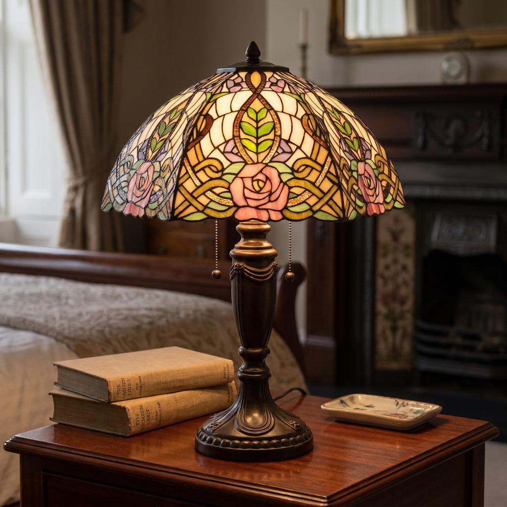 Banbury Tiffany Table Lamp with a floral stained glass shade on a wooden nightstand in a cozy bedroom setting.