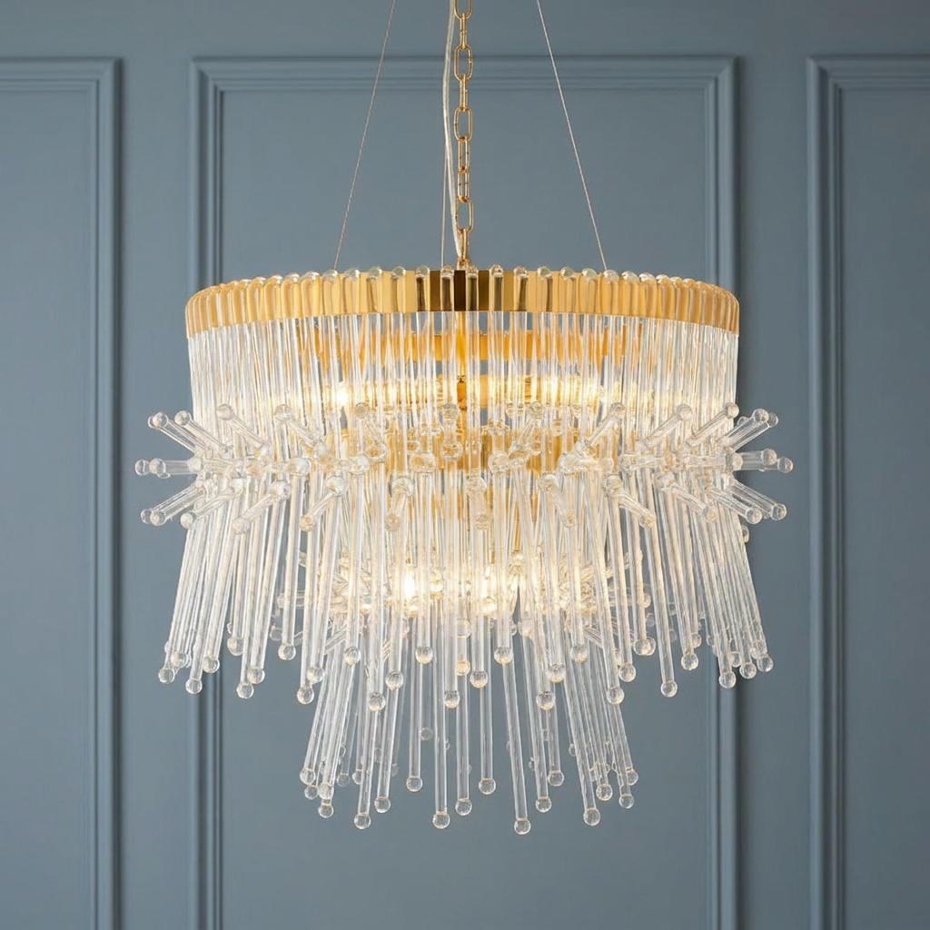 A gold tiered pendant light with clear glass rods against a blue paneled wall.